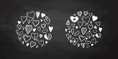 Heart shapes made of various white doodle hearts on blackboard background in flat style vector