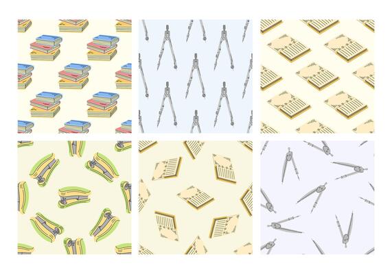 Set of seamless patterns with books, compasses and stationery in flat style
