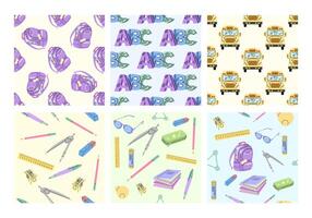 Set of seamless patterns with school supplies, backpacks and buses in flat style vector