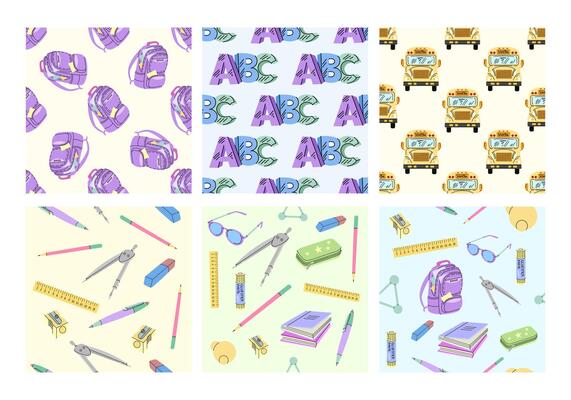 Set of seamless patterns with school supplies, backpacks and buses in flat style