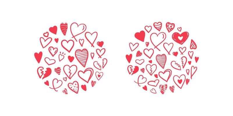 Circle shape made of various red hand-drawn hearts on white background in flat style