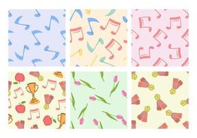 Set of seamless patterns with music notes, tulips and medals in flat style vector
