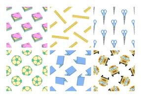 Set of seamless patterns with school supplies, books and buses in flat style vector