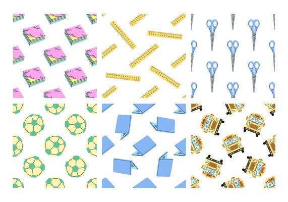Set of seamless patterns with school supplies, books and buses in flat style