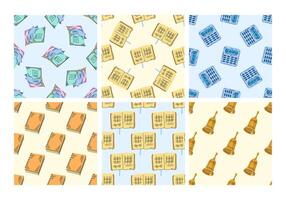 Set of seamless patterns with school notebooks, calculators and bells in flat style vector