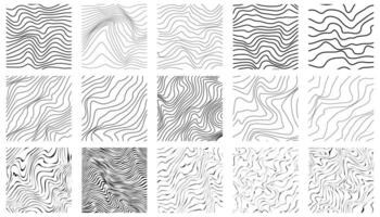 Abstract Halftone Black and White Wavy Lines Textured Square Backgrounds or Posters Set with 3D Illusion and Twisting Movement Effect. Op Art Style. Striped Cards Collection. vector
