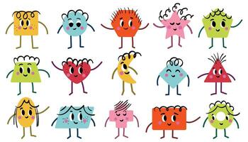 Set of cartoon basic geometric shapes with face smiling, hands and legs. vector