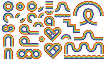 Retro groovy rainbow color striped shapes set. Geometric hippie rainbows. Vintage hippie style various abstract iridescent stripes. Trendy minimalistic y2k colourful artwork vector
