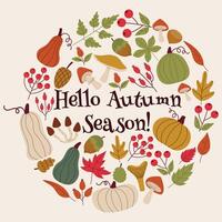 Autumn decorative round frame, template with autumn elements - leaves, pumpkins, cones, nuts, berries. Hello Autumn card in flat style. vector