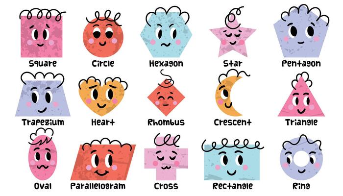 Set of cartoon basic geometric shapes with face smiling. Funny shapes educational material for preschool kids. Hand drawn trendy collection for kids isolated on white background.