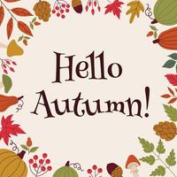 Hello Autumn card or frame in flat style in square with leaves, pumpkins, cones, nuts, berries. vector