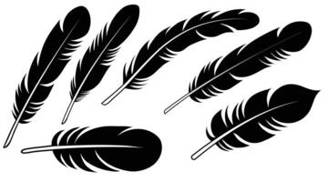 Set of writing quill feather simple silhouette icon. Hand drawn bird feathers. Sketch feathers of macaw, quill, eagle,crow. Cut out feather icon collection simple vintage inkwell fur in flat style vector