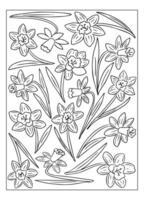 Line art illustration of daffodils with intricate floral patterns and leaves, ideal for coloring books or artistic designs. vector