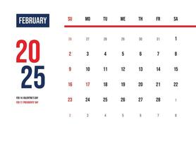 Elegant minimalist design calendar february 2025 vector