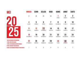 Elegant minimalist design indonesian calendar may 2025 vector