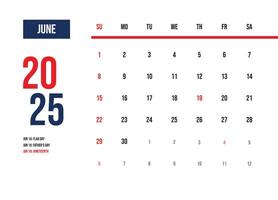 Elegant minimalist design calendar june 2025 vector