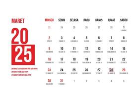 Elegant minimalist design indonesian calendar march 2025 vector