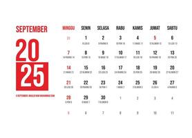 Elegant minimalist design indonesian calendar september 2025 vector