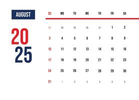 Elegant minimalist design calendar august 2025 vector