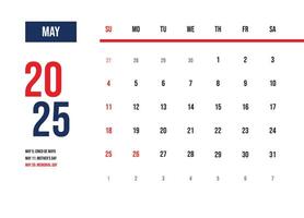 Elegant minimalist design calendar may 2025 vector