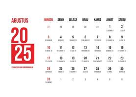 Elegant minimalist design indonesian calendar august 2025 vector