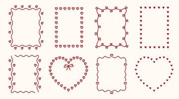 Collection frames with red hearts. Set of decorative whimsical frames in coquette style. Hand drawn vintage borders. Trendy design for wedding invitation, Valentine's greeting card. vector
