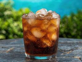 Refreshing cola drink with ice in a glass on a patio table photo