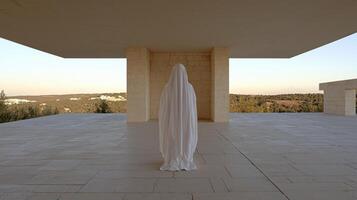 Person in white robe standing in modern building with scenic view photo