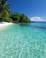 Tropical beach with crystal clear water and palm trees photo