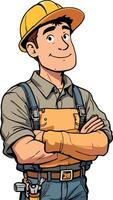 Confident construction worker smiling with arms crossed and tools at hip vector