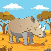 Cartoon rhinoceros standing in the african savannah near some acacia trees on a sunny day with clouds vector