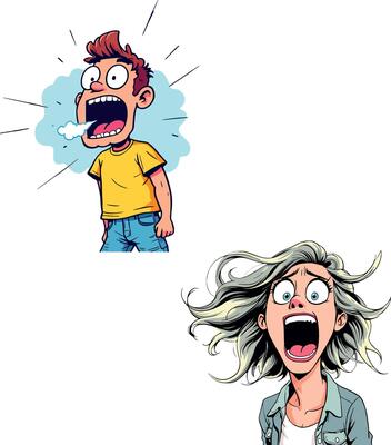 Cartoon man and woman shouting with mouths wide open and surprised expressions, expressing fear, anger or excitement