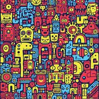 Colorful abstract doodle art pattern featuring various shapes and symbols vector