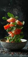 Fresh tomato and basil salad in a rustic bowl photo