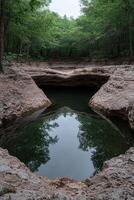 Reflective still water in a natural rock pool surrounded by lush forest photo