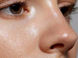 Close up of womans face showing skin texture and pores photo