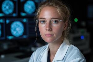 Portrait of a female scientist looking directly at the camera, with medical scans on monitors in the background photo