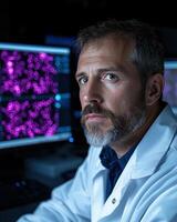 Serious scientist working late at night in a lab, analyzing data on multiple computer screens photo