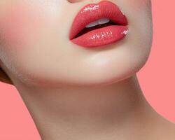 Close up of womans lips with glossy pink lipstick. photo