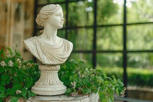 Classical bust statue in a garden setting photo