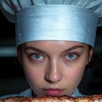 Close up portrait of a female chef with a serious expression, looking intensely at a grilled meat dish photo