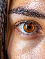 A close up of a womans eye with brown iris and long eyelashes photo