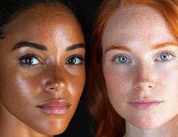 Close up of two women with freckles, one with dark skin and one with light skin photo