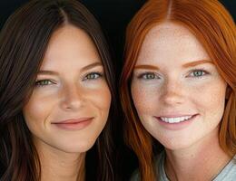 Two young women with different hair colors smiling at the camera photo