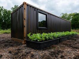 Modern tiny home made from a shipping container in the woods photo