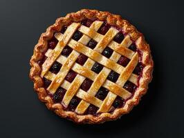 Overhead view of a delicious berry pie with a lattice crust photo