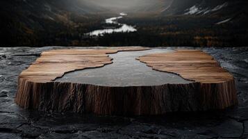 Wooden table with river resin inlay on dark stone background, nature scene photo