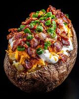A loaded baked potato with bacon, cheese, and chives. photo