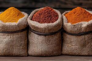 Three burlap sacks filled with various spices sit on a wooden surface. photo