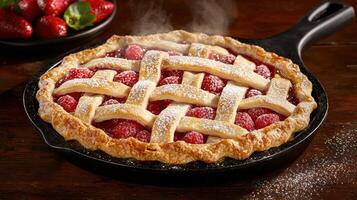 Freshly baked raspberry pie with lattice crust, sprinkled with powdered sugar photo